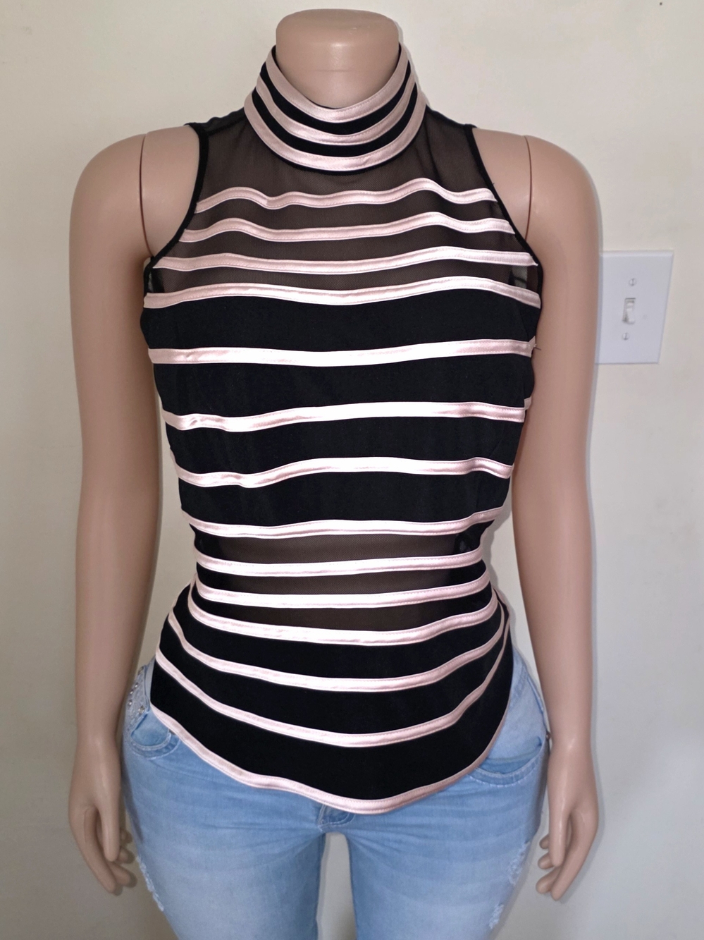 ☆JS Collections Black Sheer Striped High-Neck Tank with Pale Pink Trim☆